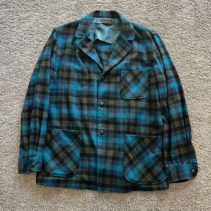Vintage Pendleton Wool Shirt Jacket Blue Green Plaid Flannel Blazer Mens Large